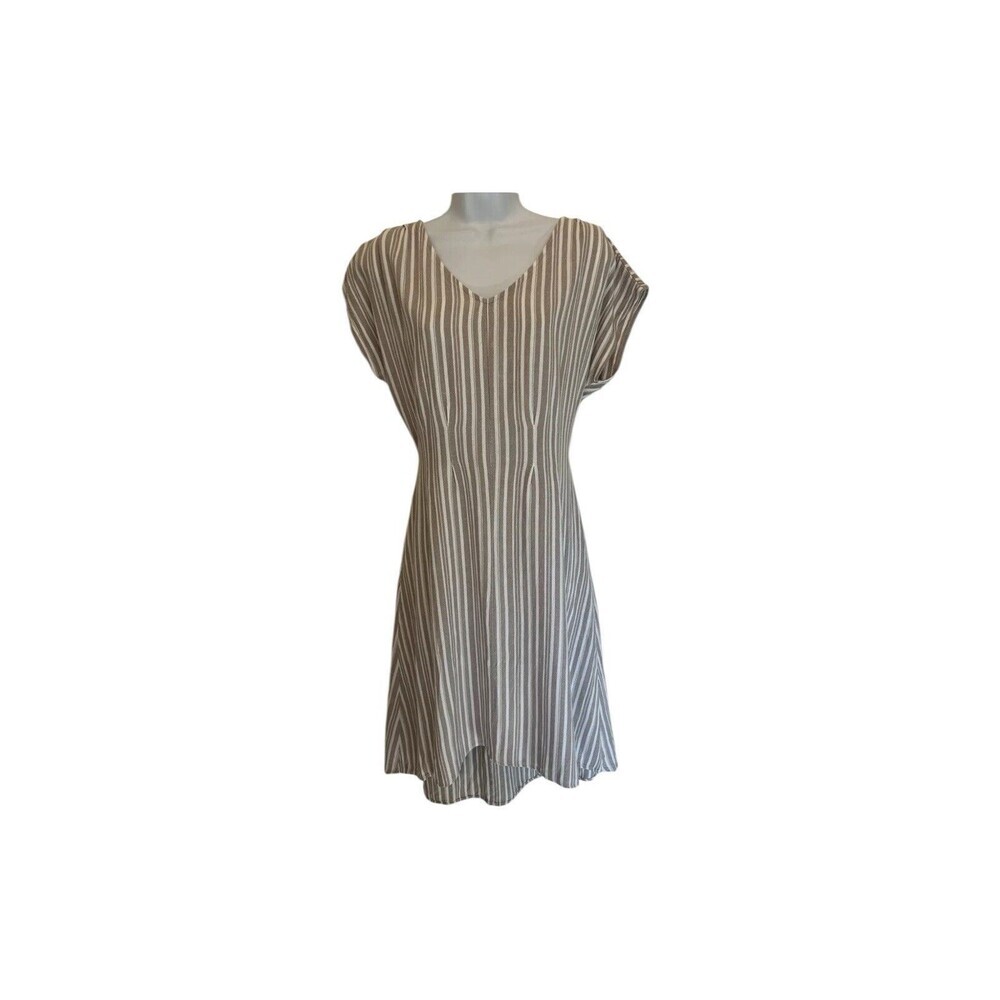 Naïf Women’s XL Pullover Dress Linen Blend Beige Stripe Tie Waist Cap Sleeve EUC